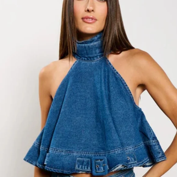 AKIRA Blue Crop Halter Tank Top - Picture 1 of 6
